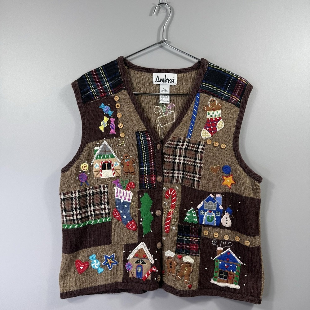 Ambra Sweater Vest Womens Petite Large Christmas Plaid Gingerbread Embroidered